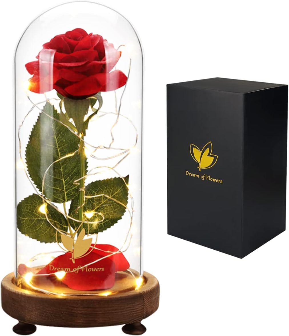 Preserved Rose Gifts for Mom,Birthday Gifts for Women,Beauty and the Beast Rose in Glass Dome,Silk Rose Forever Flowers with Lights,Valentines for Women Wife Daughter Girlfriend