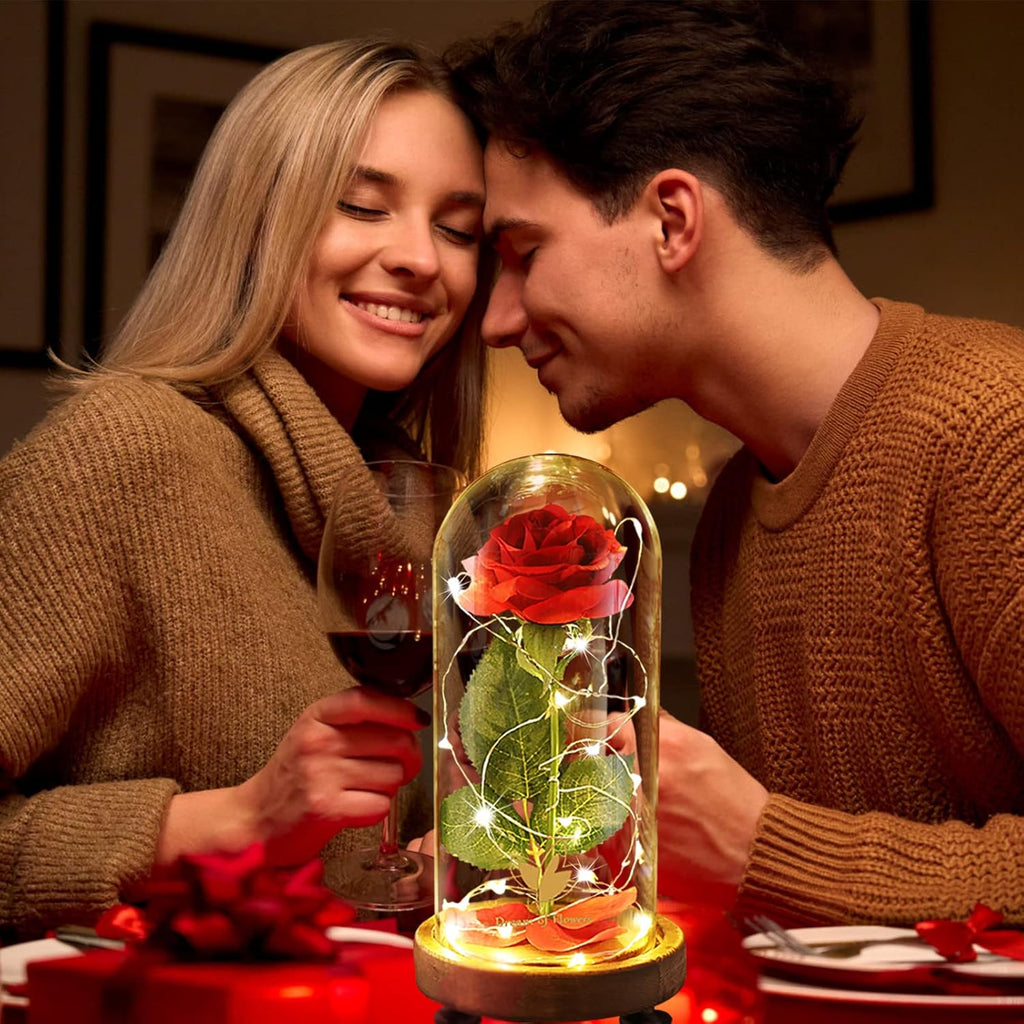 Preserved Rose Gifts for Mom,Birthday Gifts for Women,Beauty and the Beast Rose in Glass Dome,Silk Rose Forever Flowers with Lights,Valentines for Women Wife Daughter Girlfriend
