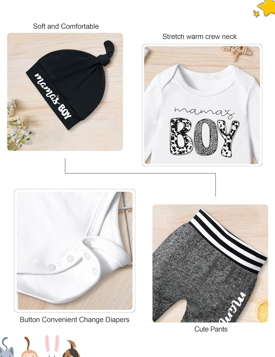 Baby Boy Clothes Tattoo Sleeve Funny Romper Bodysuit+Pants 3PCS Infant Outfits Set