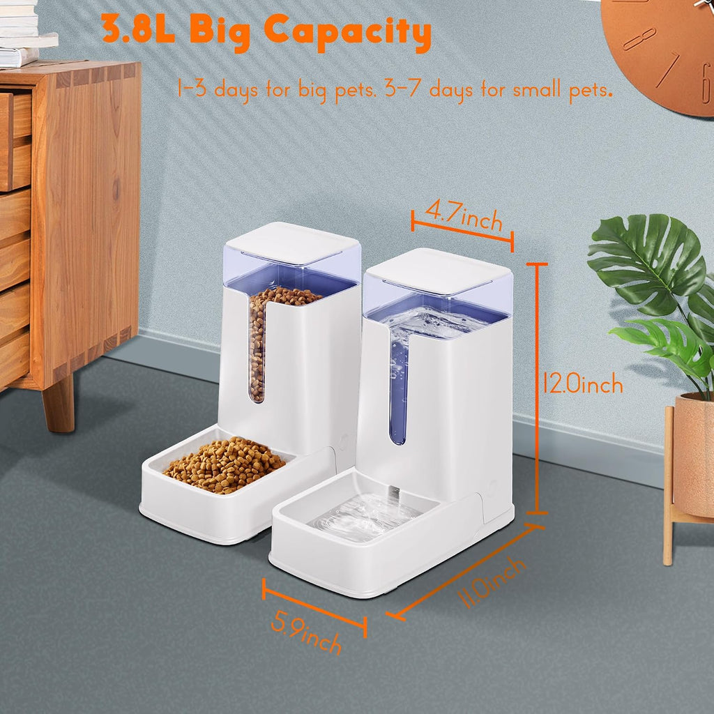 2 Packs Automatic Cat Feeder and Waterer, Gravity Dog Food and Water Dispenser Set for Small Medium Big Pets Cats Dogs Puppy Kitten, 1 Gallon X 2 (White)