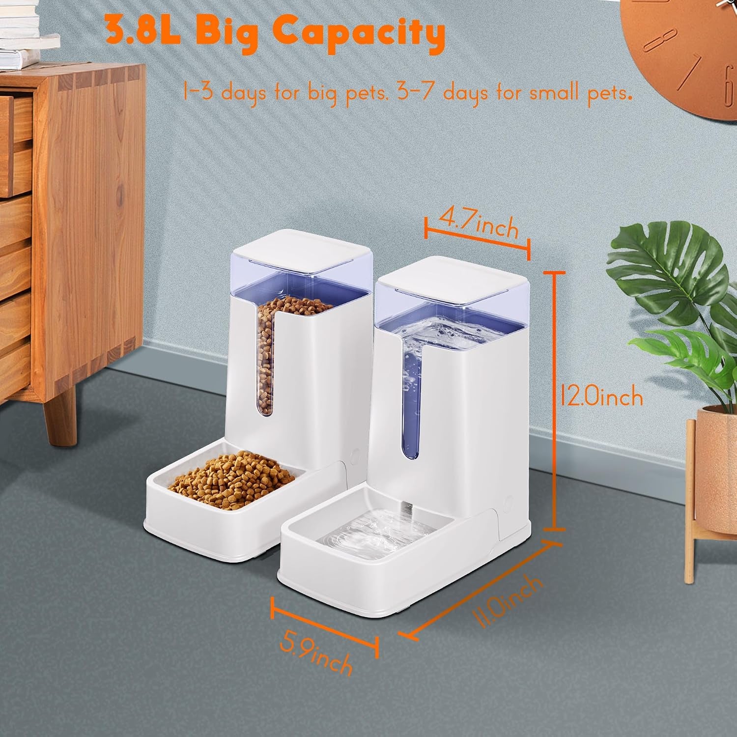 2 Packs Automatic Cat Feeder and Waterer, Gravity Dog Food and Water Dispenser Set for Small Medium Big Pets Cats Dogs Puppy Kitten, 1 Gallon X 2 (White)