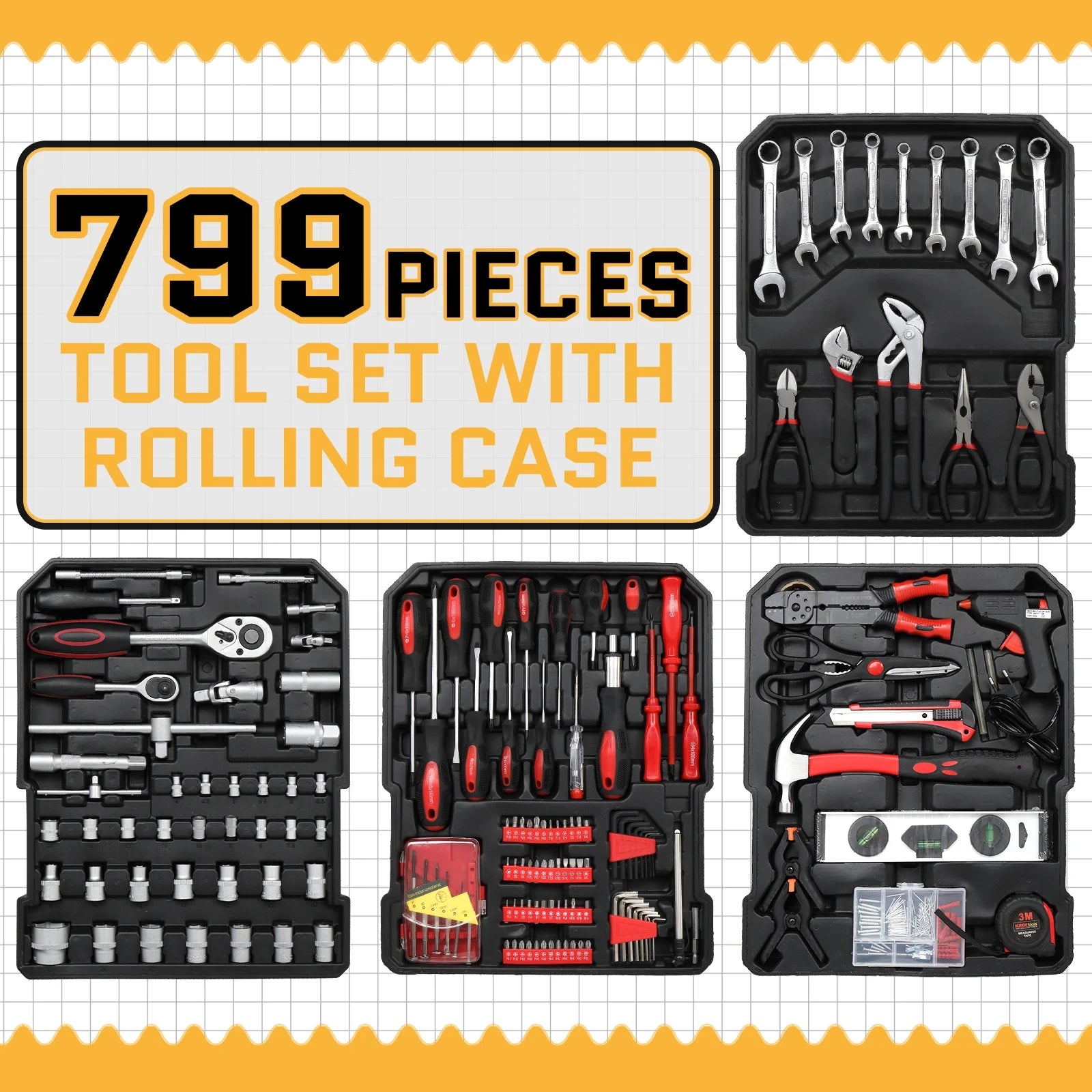 799 Pcs Tool Set, Household Repair Hand Tool Kit, Mechanics Tool Kit, with Trolley Case, Silver