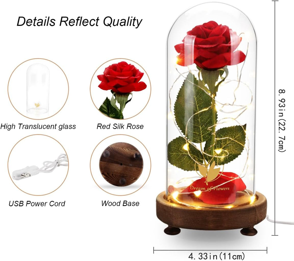 Preserved Rose Gifts for Mom,Birthday Gifts for Women,Beauty and the Beast Rose in Glass Dome,Silk Rose Forever Flowers with Lights,Valentines for Women Wife Daughter Girlfriend