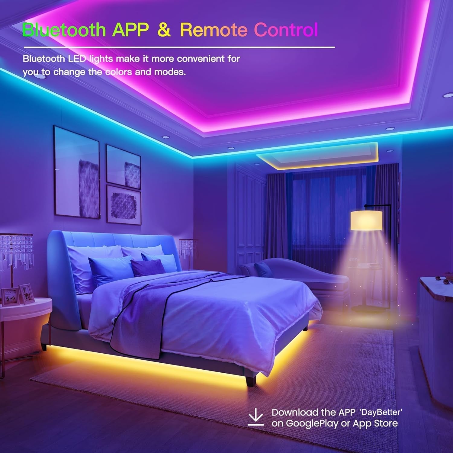 LED Lights Strip 100 FT, LED Lights for Bedroom 100Ft, RGB Rope Light for Room, Bluetooth APP Control,Color Changing Strip, Sync with Music,Para Cuarto, for Bedroom Home Party Decoration