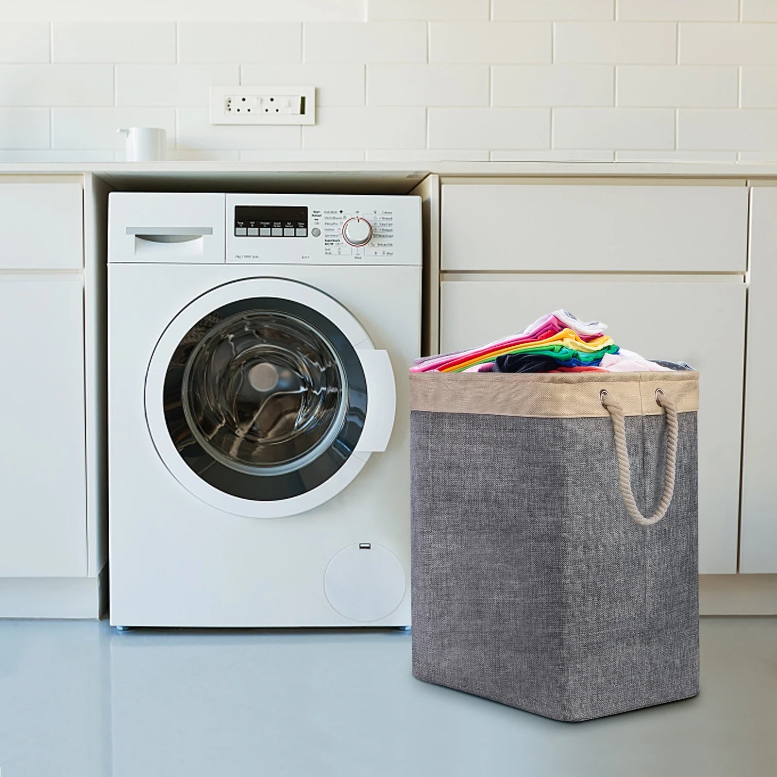 Laundry Basket with Lid,  75 Litre Collapsible Large Linen Washing Hamper with Built-In Lining, Storage Organiser with Handles and Removable Bags for Clothes and Toys, Gray