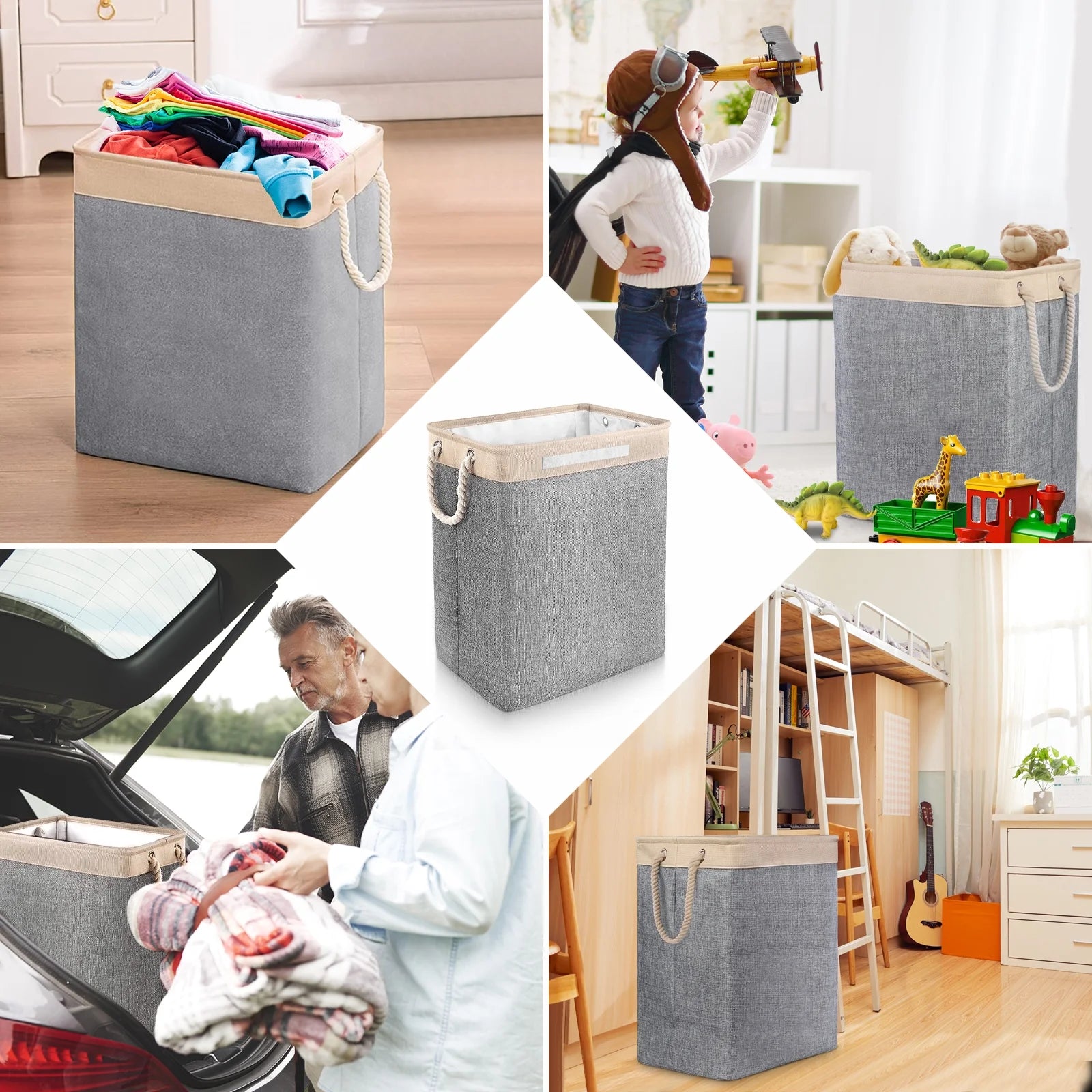 Laundry Basket with Lid,  75 Litre Collapsible Large Linen Washing Hamper with Built-In Lining, Storage Organiser with Handles and Removable Bags for Clothes and Toys, Gray
