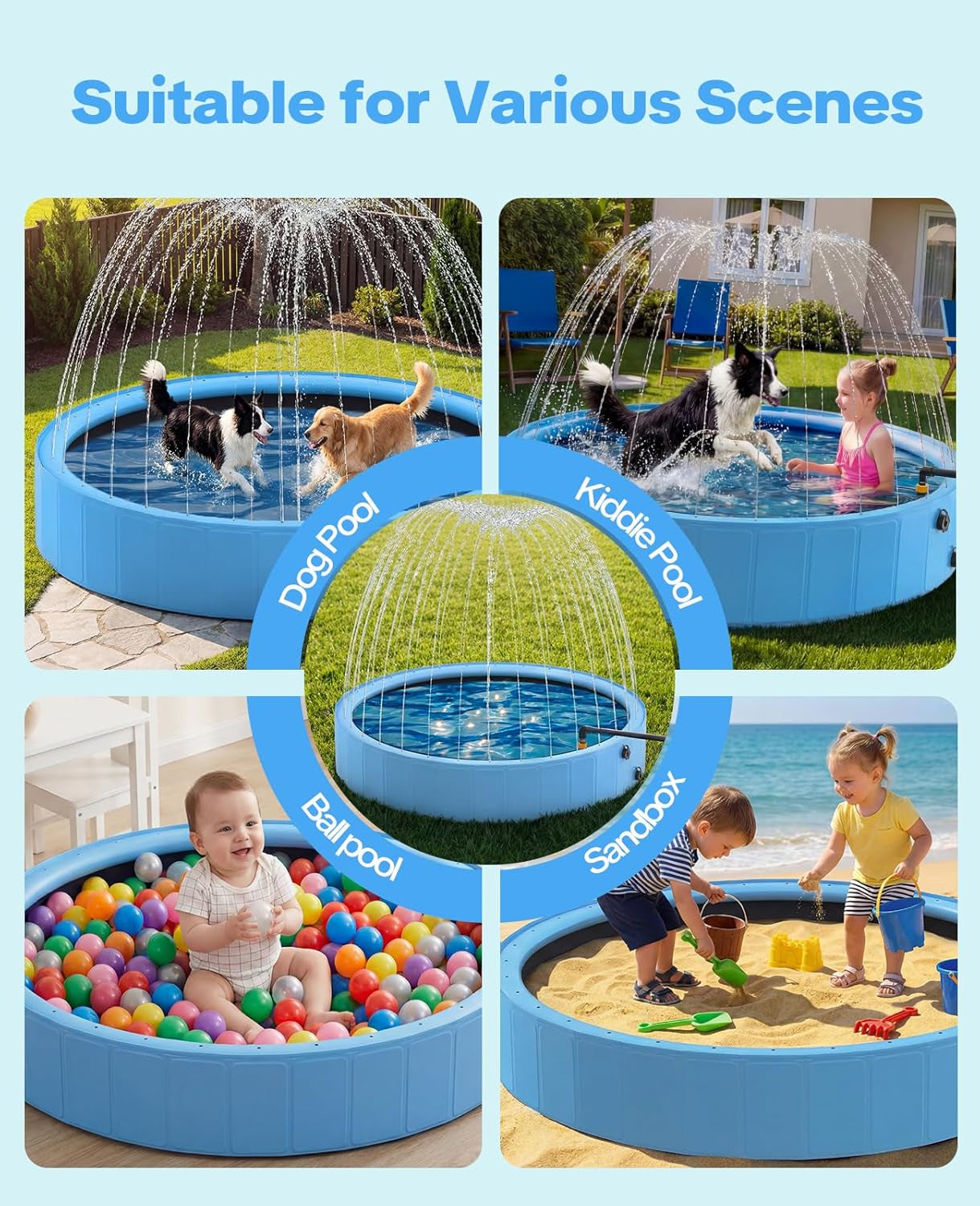 79'' Dog Pool with Sprinkler, Foldable Dog Pools for Large Dogs, 2-In-1 Non-Slip Swimming Pool for Dogs & Kids, Heavy Duty Hard Plastic Pet Bathing Tub for Outdoor Backyard, Blue