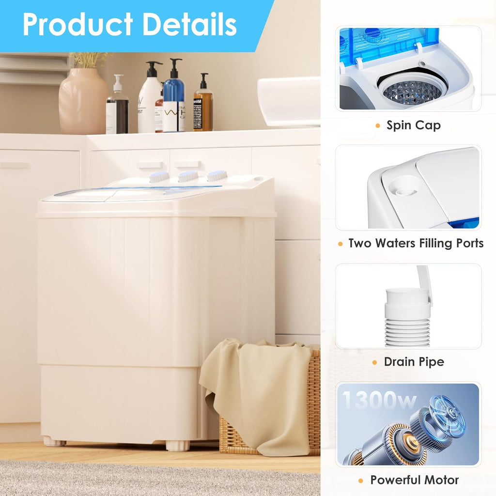 Portable Washer and Dryer, 16 Lbs Mini Small Washing Machine Combo with Spin Dryer, Compact Twin Tub Laundry Washer Machine for Apartments, Dorm, Rv, Camping, Blue