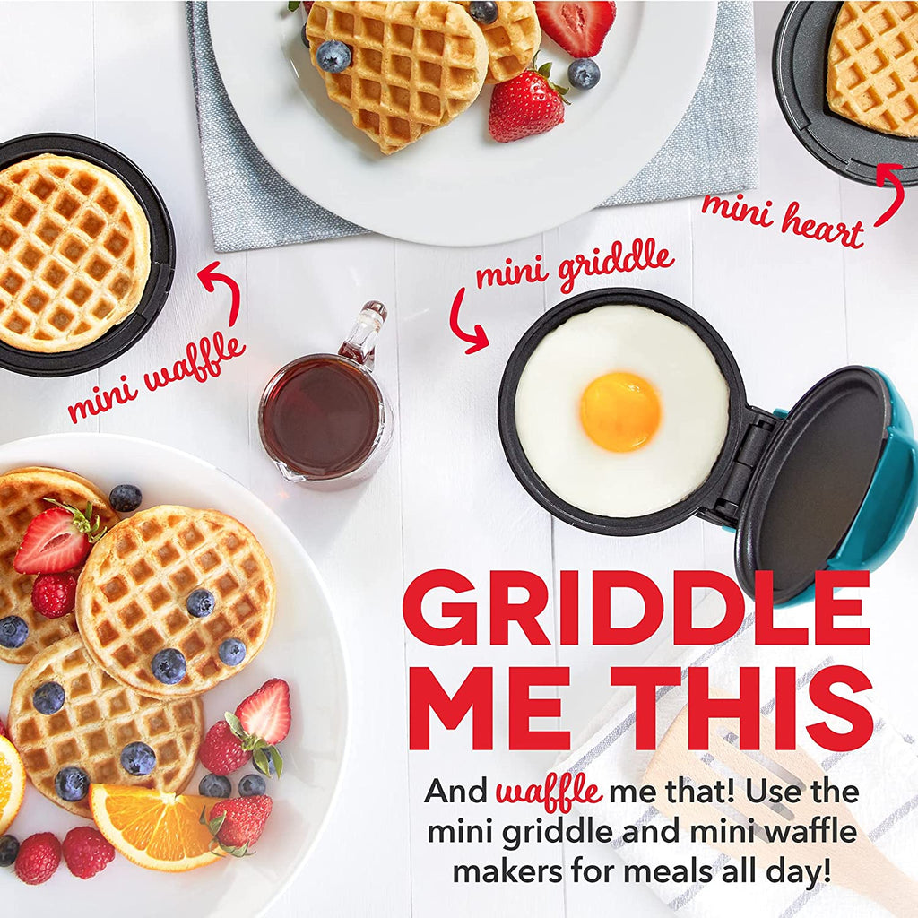 Mini Maker Set - Customized Treat Maker - Supports Multi-Function Cooking - Easy Cleanup and User-Friendly Design - Coral, Mint & Teal - Waffle, Griddle & Heart Shaped Waffle Irons