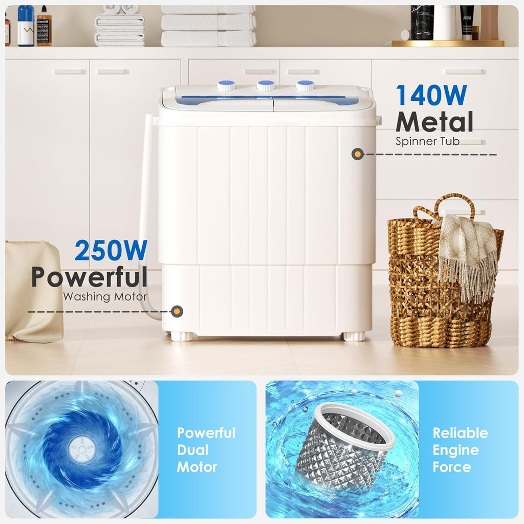 Portable Washer and Dryer, 16 Lbs Mini Small Washing Machine Combo with Spin Dryer, Compact Twin Tub Laundry Washer Machine for Apartments, Dorm, Rv, Camping, Blue
