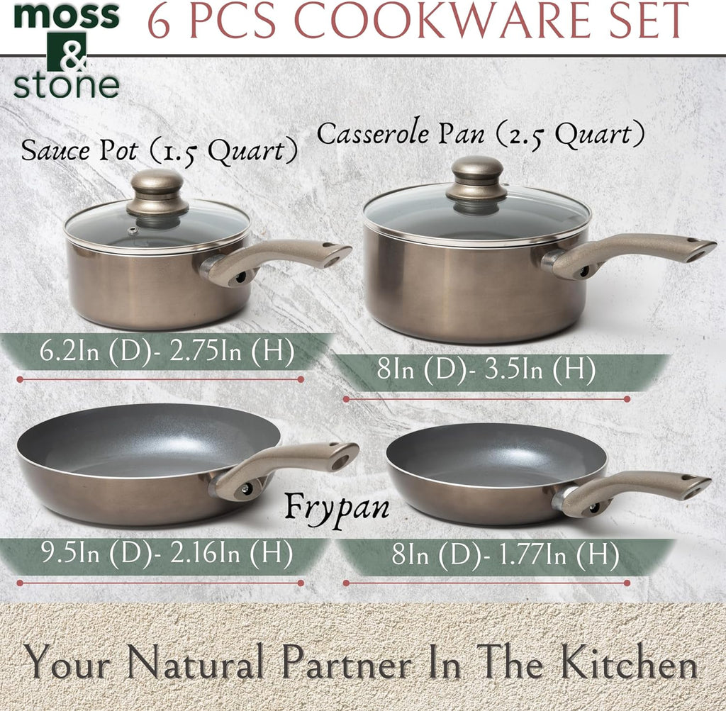 6 Pcs Dark Grey Nonstick Cookware Set, Pots and Pans Set Non Stick with Glass Lid, Induction Cookware, Stay-Cool Handle PTFE/PFOA Kitchen Pots 6-Piece with Frying Pans & Saucepan