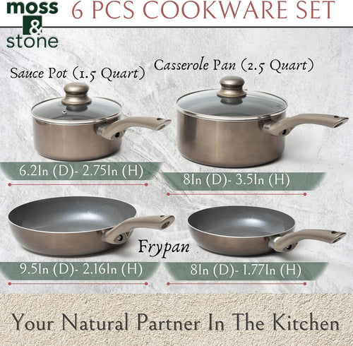 6 Pcs Dark Grey Nonstick Cookware Set, Pots and Pans Set Non Stick with Glass Lid, Induction Cookware, Stay-Cool Handle PTFE/PFOA Kitchen Pots 6-Piece with Frying Pans & Saucepan