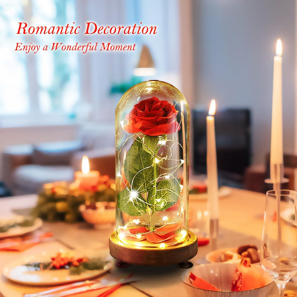 Preserved Rose Gifts for Mom,Birthday Gifts for Women,Beauty and the Beast Rose in Glass Dome,Silk Rose Forever Flowers with Lights,Valentines for Women Wife Daughter Girlfriend