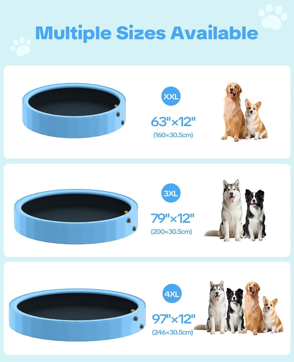 79'' Dog Pool with Sprinkler, Foldable Dog Pools for Large Dogs, 2-In-1 Non-Slip Swimming Pool for Dogs & Kids, Heavy Duty Hard Plastic Pet Bathing Tub for Outdoor Backyard, Blue