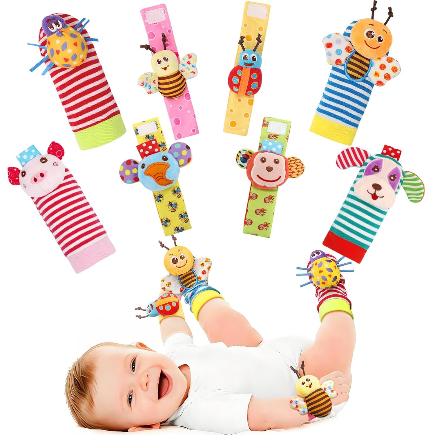 Wrist Rattles Foot Finder Rattle Sock Baby Toy, Rattle Toy, Arm Hand Bracelet Rattle, Feet Leg Ankle Socks, Activity Rattle Present Gift for Newborn Infant Babies Boy Girl Bebe (8 Pcs-A)