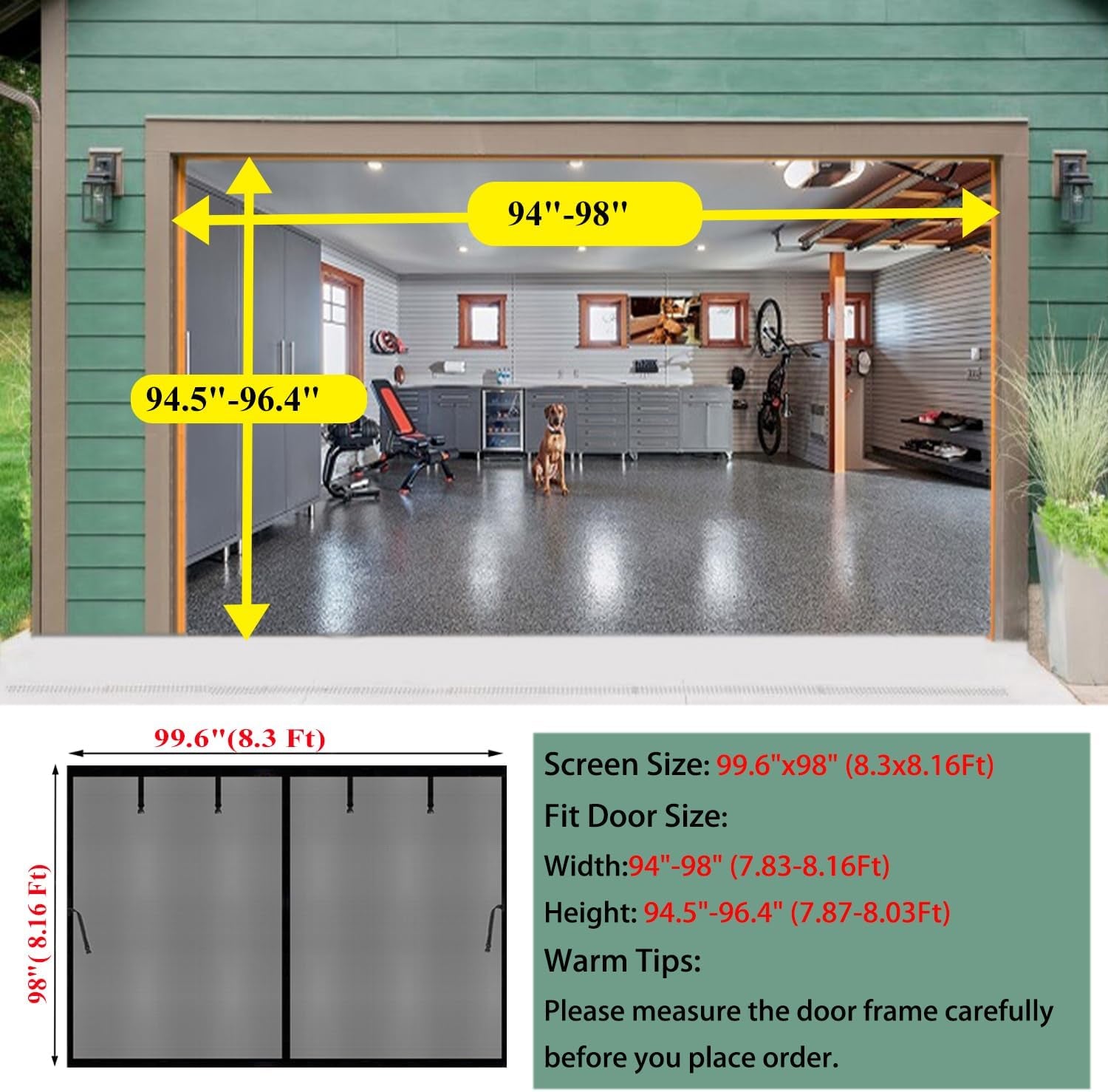 Garage Door Screen 8X8Ft for 1 Car, Magnetic Retractable Fiberglass Privacy Mesh Curtain, Weighted Bottom, Kids & Pets Friendly for Garage Carport Patio Porch (Black, for Door Size 8X8Ft)