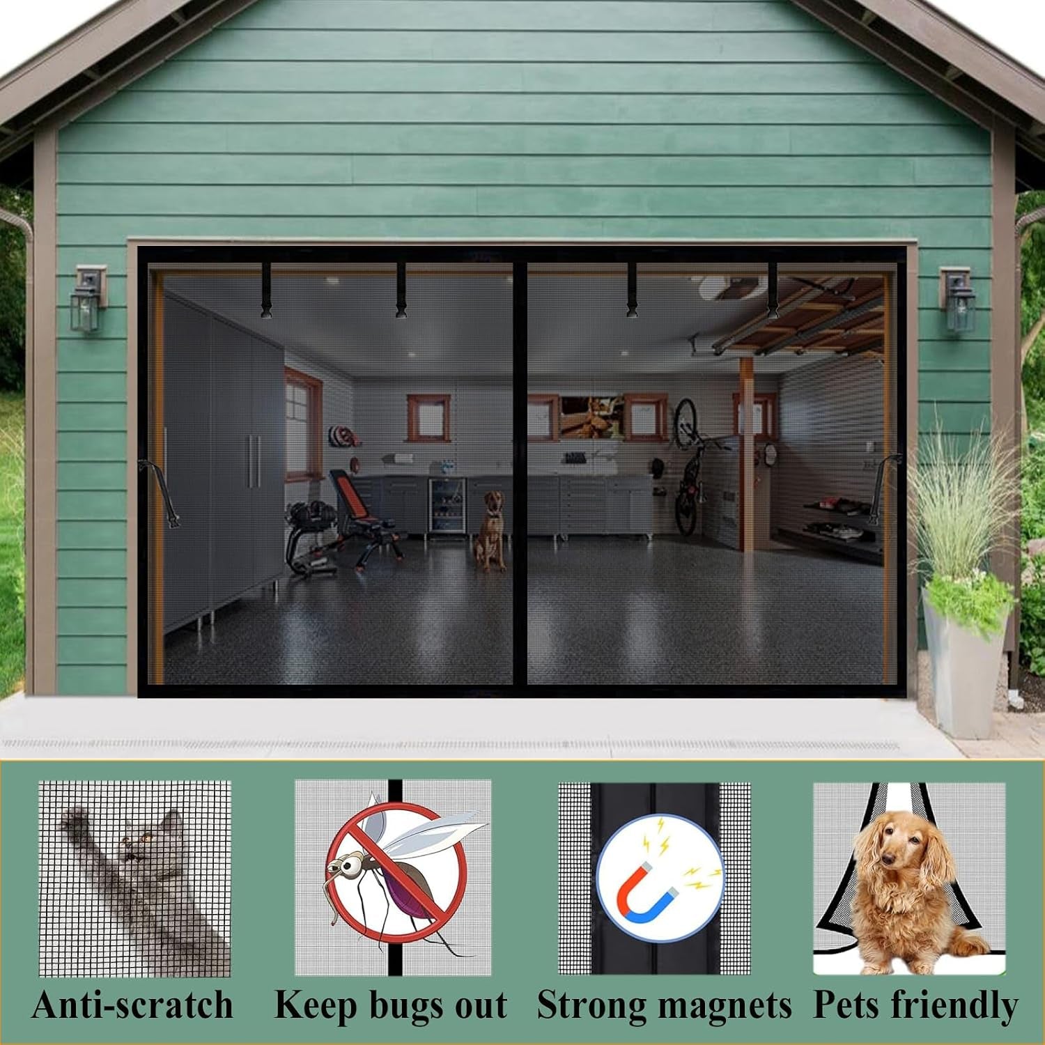 Garage Door Screen 8X8Ft for 1 Car, Magnetic Retractable Fiberglass Privacy Mesh Curtain, Weighted Bottom, Kids & Pets Friendly for Garage Carport Patio Porch (Black, for Door Size 8X8Ft)