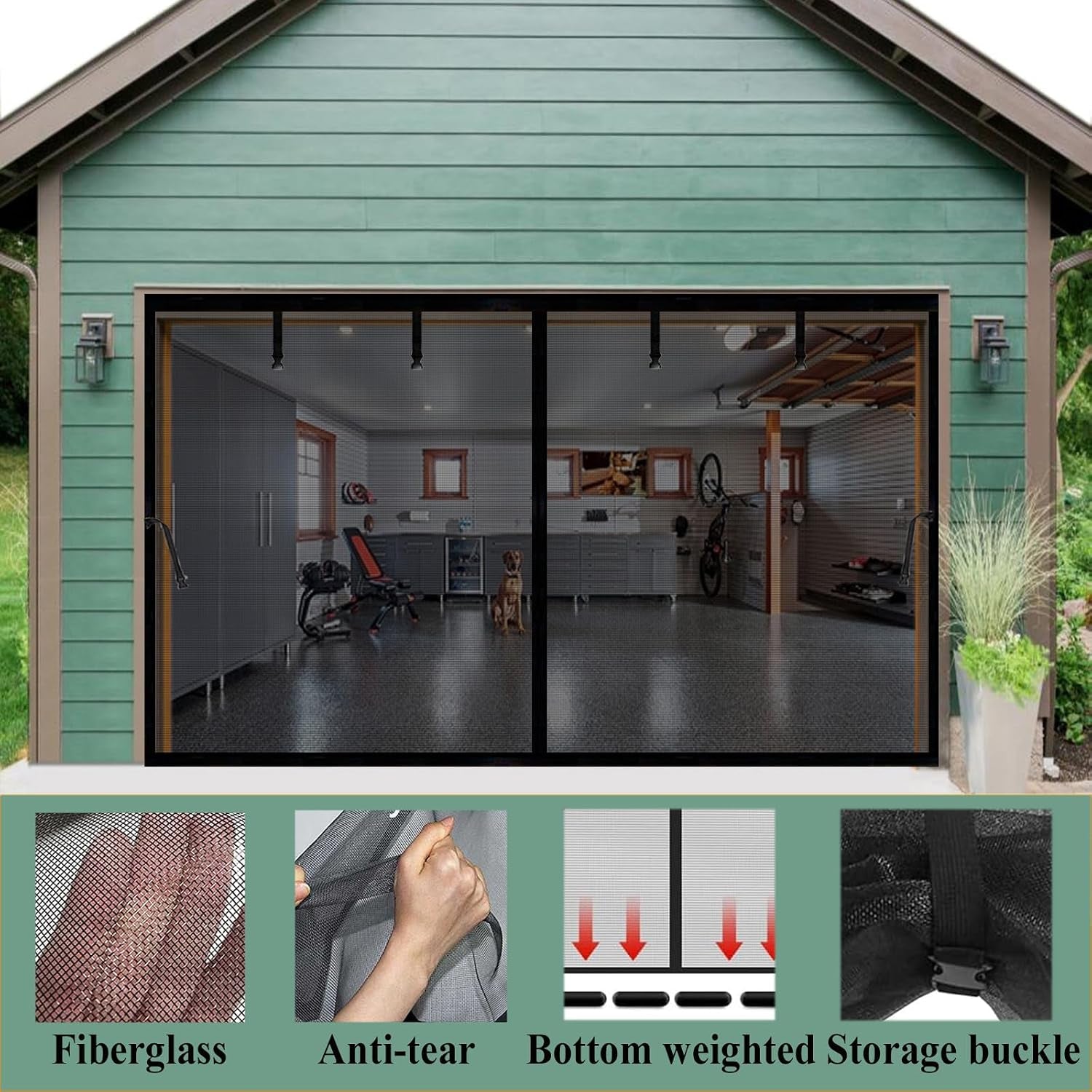 Garage Door Screen 8X8Ft for 1 Car, Magnetic Retractable Fiberglass Privacy Mesh Curtain, Weighted Bottom, Kids & Pets Friendly for Garage Carport Patio Porch (Black, for Door Size 8X8Ft)