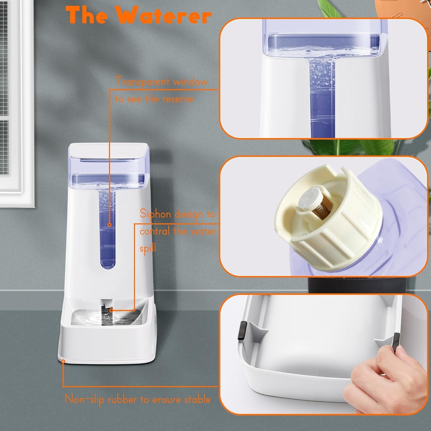 2 Packs Automatic Cat Feeder and Waterer, Gravity Dog Food and Water Dispenser Set for Small Medium Big Pets Cats Dogs Puppy Kitten, 1 Gallon X 2 (White)
