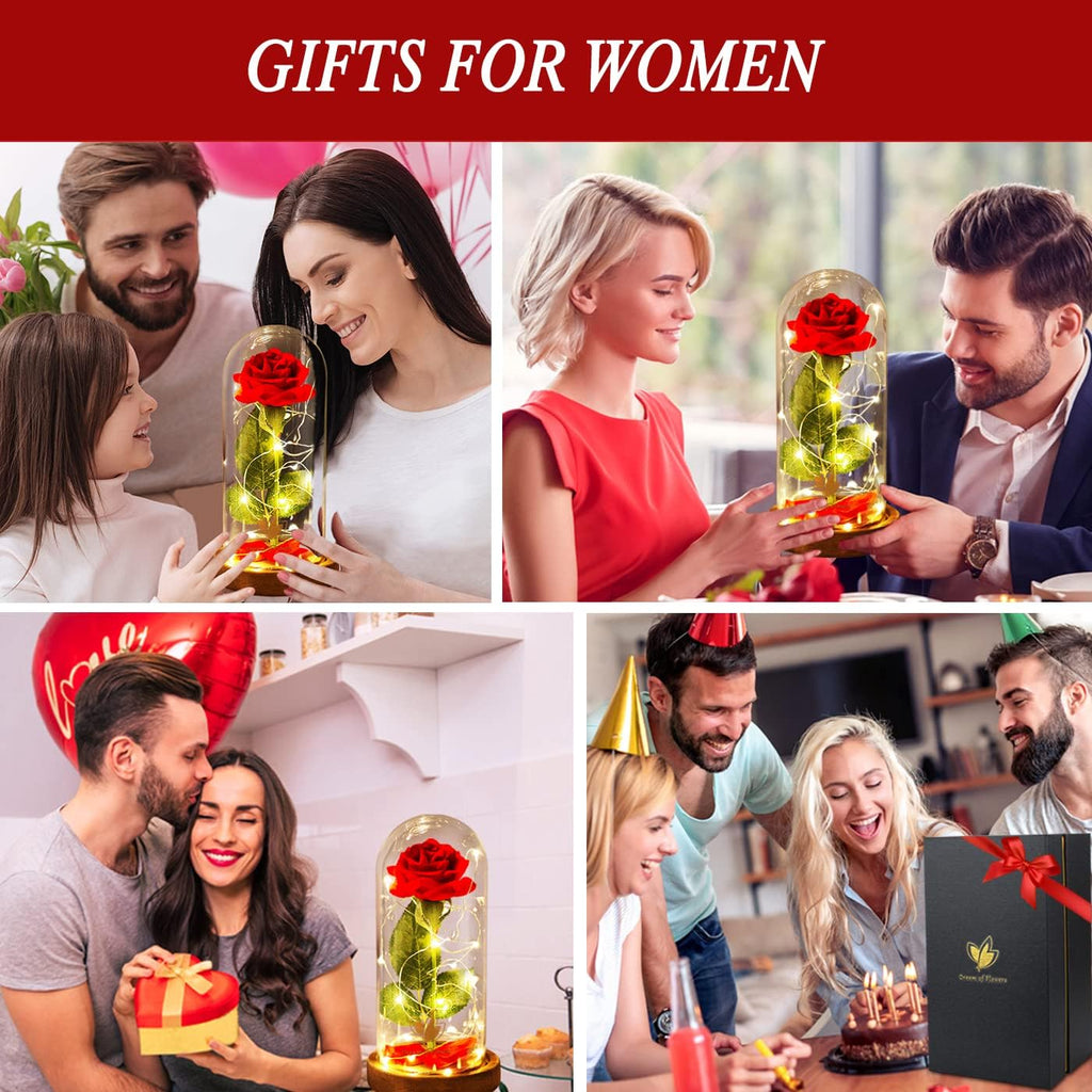 Preserved Rose Gifts for Mom,Birthday Gifts for Women,Beauty and the Beast Rose in Glass Dome,Silk Rose Forever Flowers with Lights,Valentines for Women Wife Daughter Girlfriend