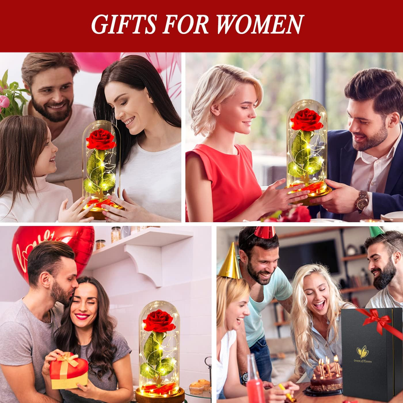 Preserved Rose Gifts for Mom,Birthday Gifts for Women,Beauty and the Beast Rose in Glass Dome,Silk Rose Forever Flowers with Lights,Valentines for Women Wife Daughter Girlfriend