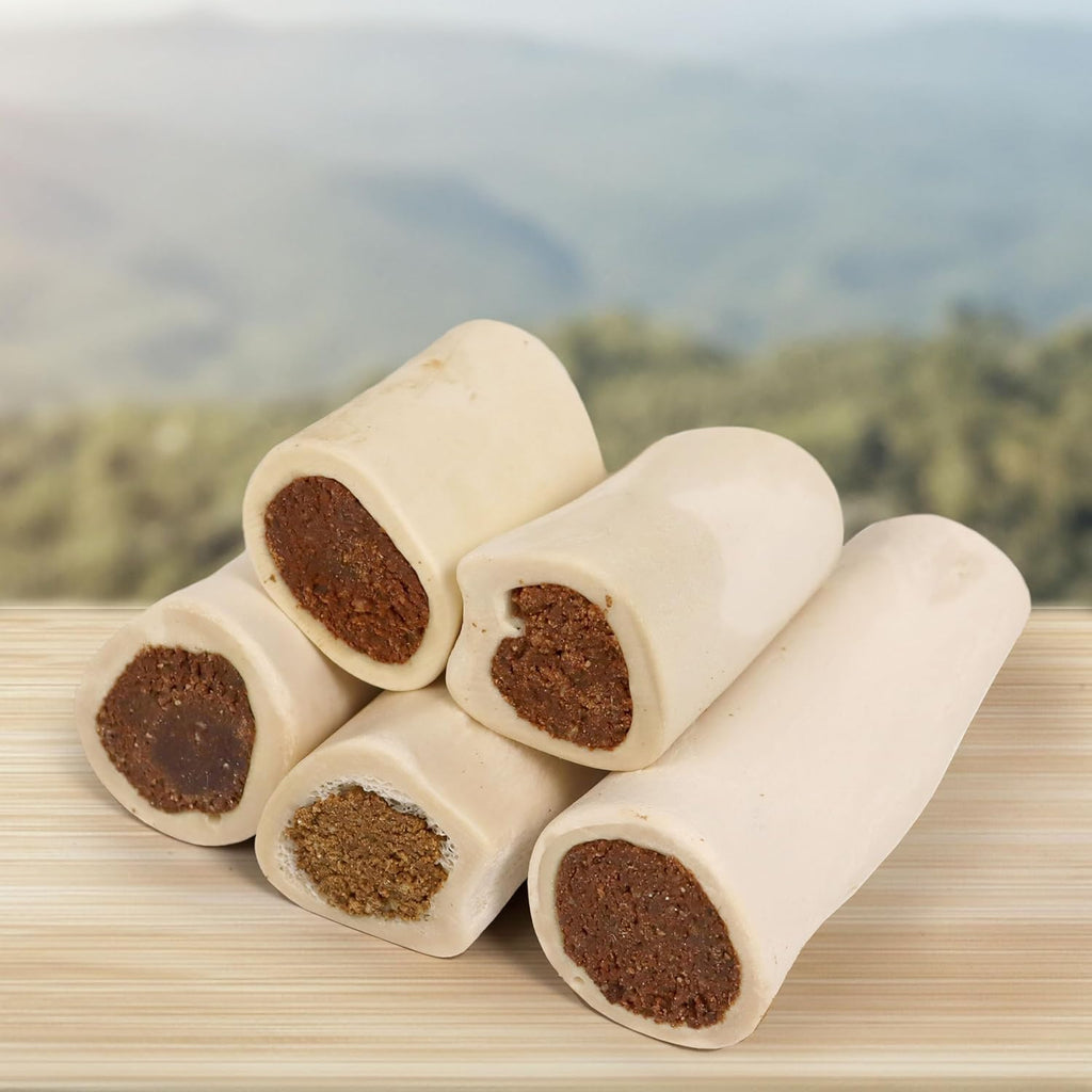 Stuffed Shin Bone, Long Lasting Dog Bones for Aggressive Chewers, High Protein Filled Dental Chew, Bully Stick Peanut Butter Filling, 5-6" for Large Dogs