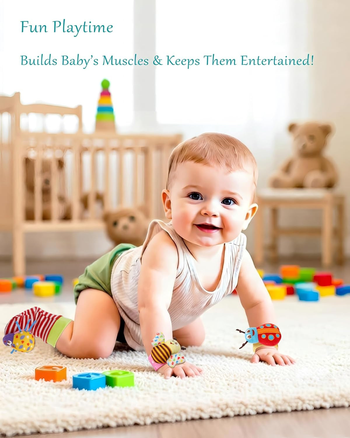 Wrist Rattles Foot Finder Rattle Sock Baby Toy, Rattle Toy, Arm Hand Bracelet Rattle, Feet Leg Ankle Socks, Activity Rattle Present Gift for Newborn Infant Babies Boy Girl Bebe (8 Pcs-A)