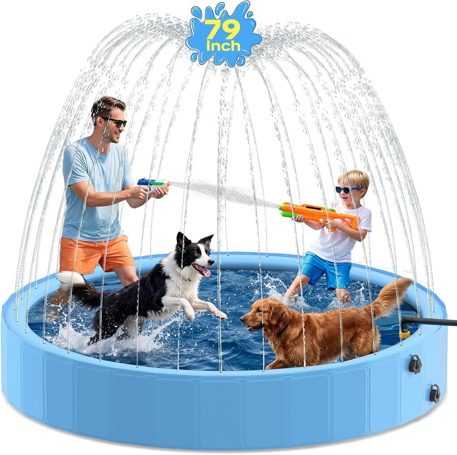 79'' Dog Pool with Sprinkler, Foldable Dog Pools for Large Dogs, 2-In-1 Non-Slip Swimming Pool for Dogs & Kids, Heavy Duty Hard Plastic Pet Bathing Tub for Outdoor Backyard, Blue