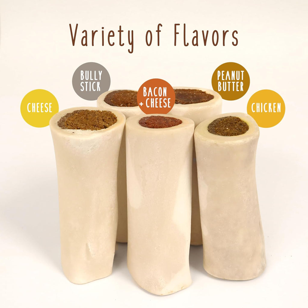 Stuffed Shin Bone, Long Lasting Dog Bones for Aggressive Chewers, High Protein Filled Dental Chew, Bully Stick Peanut Butter Filling, 5-6" for Large Dogs